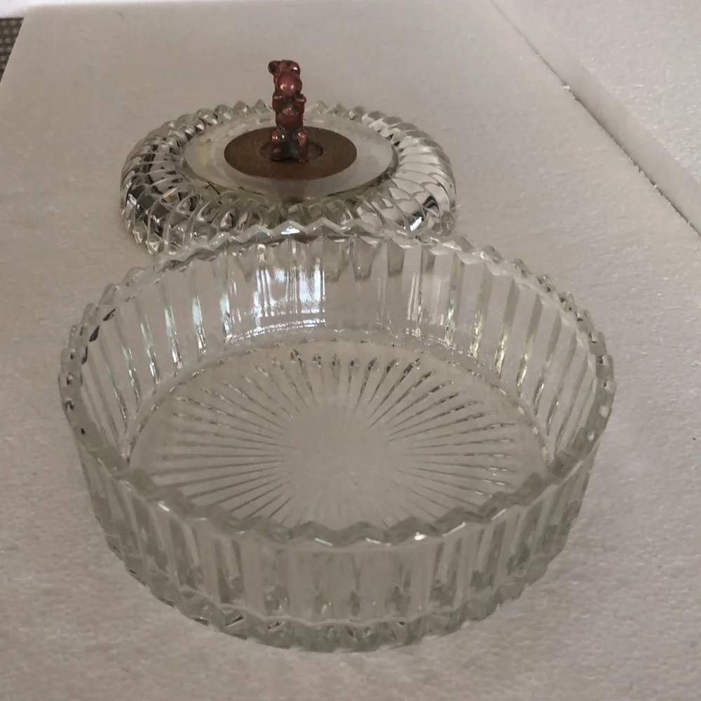 Vintage Glass Crystal Trinket Bowl w/Lid, Brass Dog Handle w/Copper Floral Plate